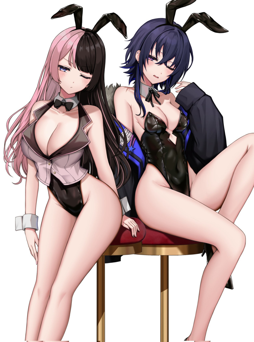 2girls alternate_costume animal_ears bare_shoulders black_hair black_jacket black_leotard blue_eyes blush breasts cleavage collared_vest commentary corrupted_twitter_file covered_navel crossed_bangs detached_collar fake_animal_ears feet_out_of_frame fur-trimmed_jacket fur_collar fur_trim gloves hair_between_eyes high_heels highleg highleg_leotard highres ichinose_uruha jacket knee_up kushinaka large_breasts legs leotard long_hair looking_at_viewer lupinus_virtual_games medium_breasts multicolored_hair multiple_girls off_shoulder one_eye_closed open_clothes open_jacket open_mouth pink_hair playboy_bunny purple_eyes rabbit_ears shiny_clothes simple_background sitting sleeves_past_wrists split-color_hair strapless strapless_leotard symbol-only_commentary tachibana_hinano_(vtuber) thigh_strap thighs vest virtual_youtuber vspo! white_background white_gloves white_vest white_wrist_cuffs wrist_cuffs