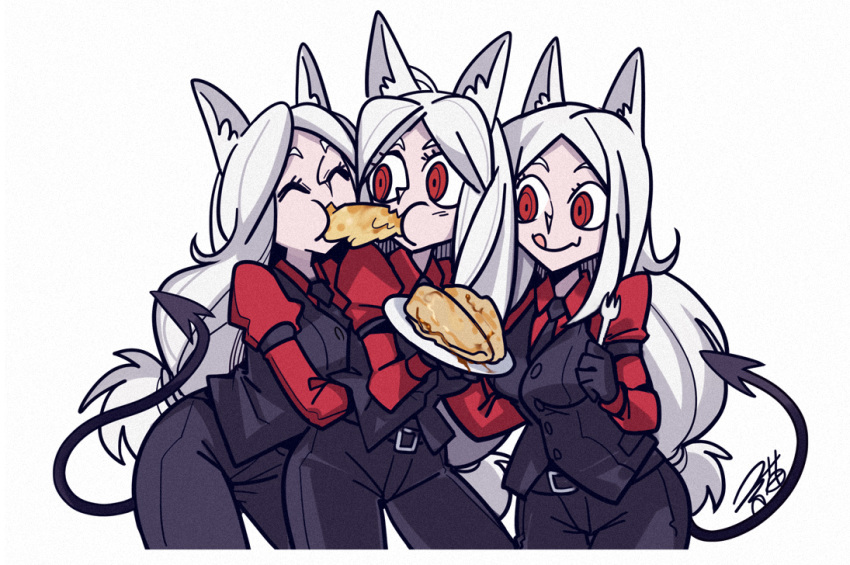 3girls aa2233a animal_ears belt black_gloves black_pants black_vest blush breasts cerberus_(helltaker) closed_eyes crepe demon_girl demon_tail dog_ears eating fang food fork gloves helltaker long_hair long_sleeves multiple_girls open_mouth pants red_eyes red_shirt sharing_food sharp_teeth shirt silver_hair simple_background tail teeth tongue triplets undershirt vest white_background