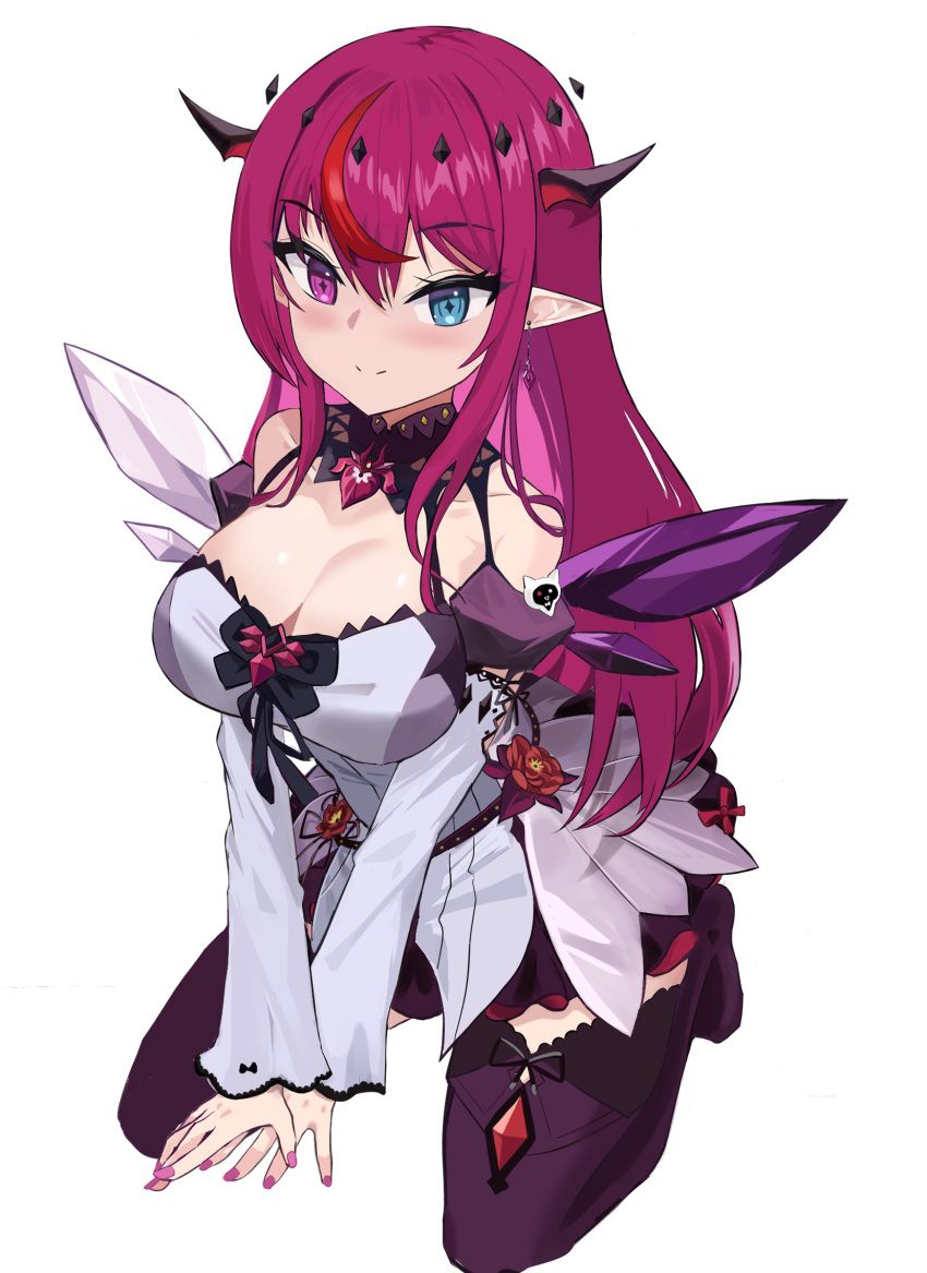 1girl a-tamin asymmetrical_wings bare_shoulders blue_eyes bow breasts breasts_squeezed_together cleavage closed_mouth collarbone crystal_wings detached_collar detached_sleeves detached_wings diamond-shaped_pupils diamond_(shape) dress dress_flower earrings flower from_above full_body hair_between_eyes halo heterochromia highres hololive hololive_english horns irys_(hololive) irys_(irys_2.0)_(hololive) jewelry lace-trimmed_dress lace_trim leaning_forward light_blush long_hair long_sleeves looking_ahead mismatched_wings multicolored_hair pink_nails pleated_skirt pointy_ears purple_eyes purple_hair red_hair sidelocks simple_background skirt smile solo street_fighter symbol-shaped_pupils thighhighs v_arms virtual_youtuber white_background white_dress wings zettai_ryouiki