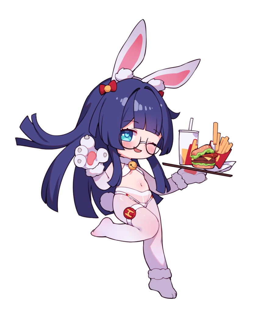 1girl ;d animal_ear_fluff animal_ears animal_hands bare_shoulders bell black-framed_eyewear blue_eyes blue_hair blush burger chibi cup disposable_cup drinking_straw fake_animal_ears food french_fries full_body fur-trimmed_gloves fur_trim glasses gloves heart heart-shaped_pupils highres holding holding_tray honkai:_star_rail honkai_(series) jingle_bell long_hair navel neck_bell one_eye_closed pantyhose paw_gloves pela_(honkai:_star_rail) rabbit_ears rabbit_tail revealing_clothes round_eyewear semi-rimless_eyewear simple_background smile solo standing standing_on_one_leg symbol-shaped_pupils tail tray tsubasa_tsubasa under-rim_eyewear very_long_hair white_background white_gloves white_pantyhose