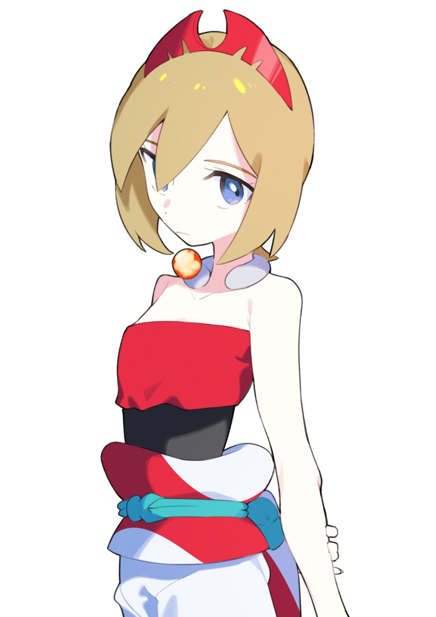 1girl aoi_(altea0923) arm_behind_back blonde_hair blue_eyes closed_mouth commentary_request hairband highres irida_(pokemon) jewelry neck_ring pokemon pokemon_legends:_arceus red_hairband red_shirt sash shirt shorts simple_background solo strapless strapless_shirt waist_cape white_background white_shorts