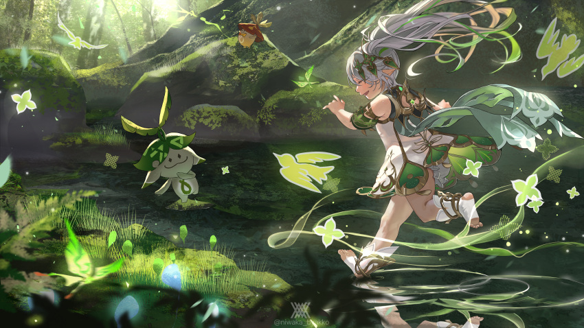 1girl absurdres aranara_(genshin_impact) bug butterfly cape closed_eyes day detached_sleeves dress floating_hair forest from_side full_body genshin_impact green_hair grey_hair highres long_hair looking_at_another multicolored_hair musical_note nahida_(genshin_impact) nature niwaka_(niwaka_byakko) open_mouth outdoors reflection reflective_water ripples running side_ponytail smile sunlight teeth toeless_footwear very_long_hair water