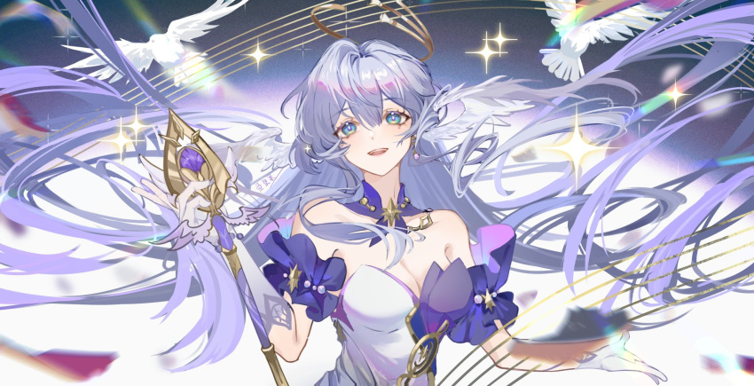1girl aqua_eyes asymmetrical_gloves bare_shoulders bird breasts cleavage detached_sleeves dress fishnutti floating_hair gloves hair_between_eyes halo head_wings highres honkai:_star_rail honkai_(series) long_hair looking_at_viewer open_mouth pigeon purple_dress purple_hair robin_(honkai:_star_rail) short_sleeves smile solo sparkle teeth two-tone_dress uneven_gloves upper_body upper_teeth_only white_dress white_gloves white_wings wings