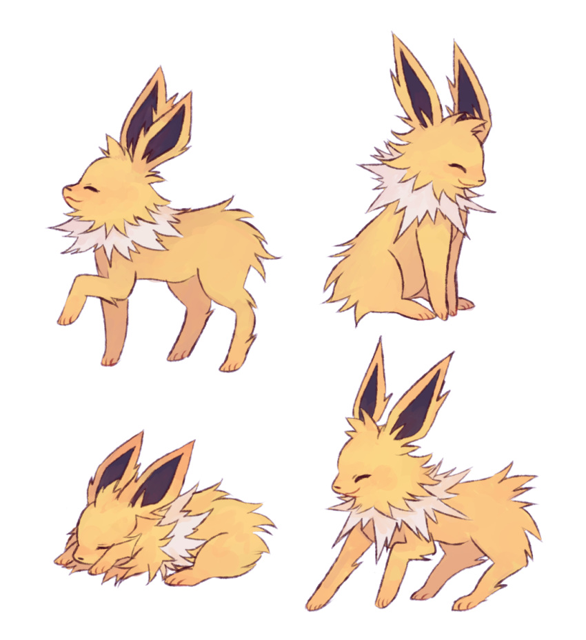 charamells closed_eyes commentary creature english_commentary full_body gen_1_pokemon jolteon lying no_humans on_stomach pokemon pokemon_(creature) simple_background sitting standing standing_on_three_legs white_background