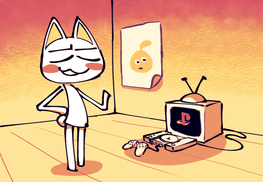 2019 anthro console controller domestic_cat eyes_closed felid feline felis full-length_portrait fur inside jaquin_s locoroco male mammal orange_theme playstation playstation_1 portrait poster rosy_cheeks simple_background solo sony_corporation sony_interactive_entertainment standing television toony toro_inoue video_games warm_colors white_body white_fur yellow_inner_ear