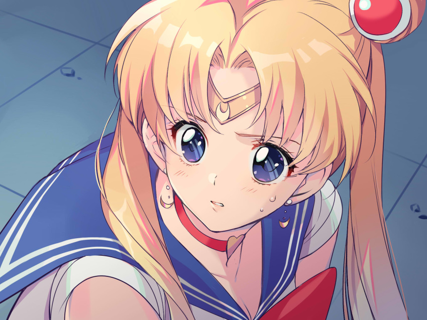 1girl bangs bishoujo_senshi_sailor_moon blonde_hair blue_eyes blue_sailor_collar choker circlet commentary_request crescent crescent_earrings derivative_work diadem earrings gin_(oyoyo) hair_over_shoulder heart heart_choker highres jewelry long_hair meme parted_bangs red_choker sailor_collar sailor_moon sailor_moon_redraw_challenge screencap_redraw solo tsukino_usagi upper_body