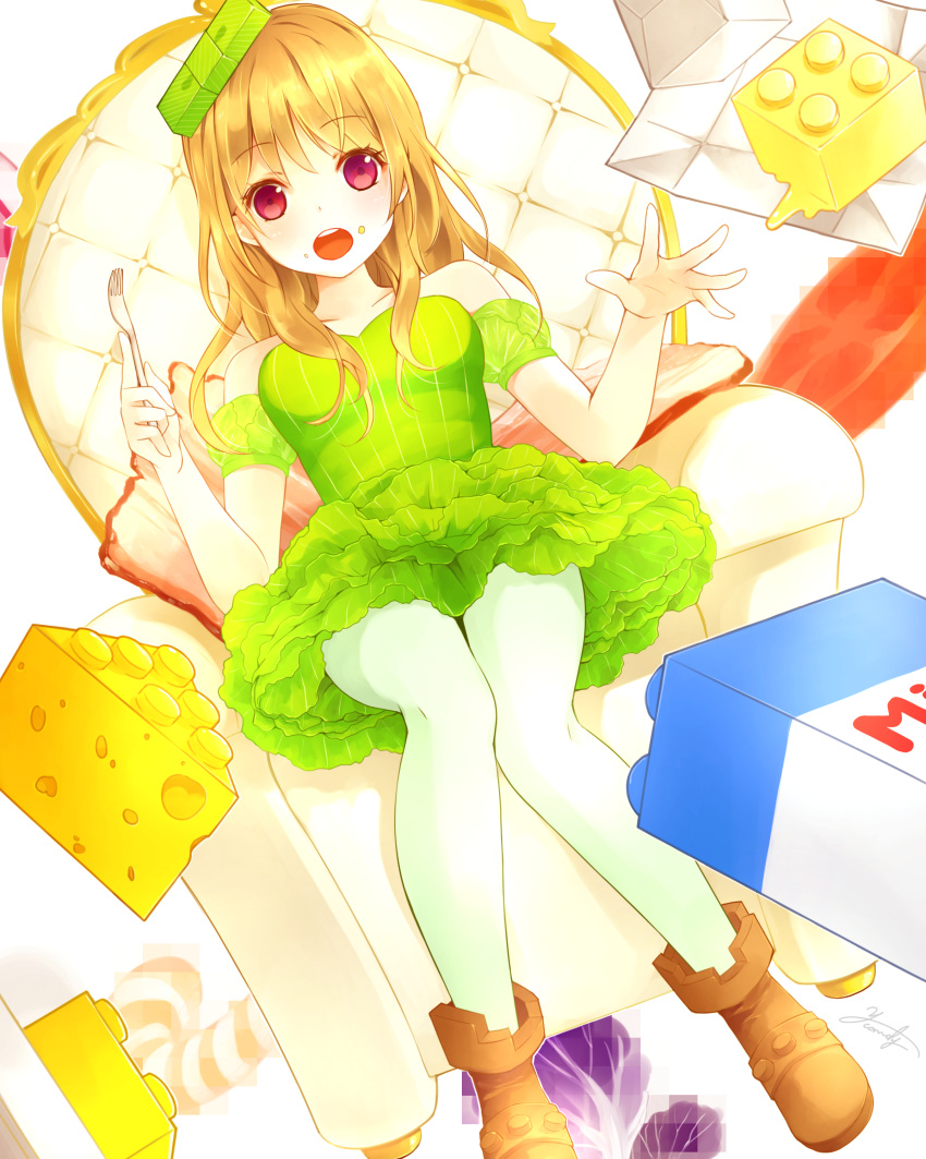 1girl :o absurdres ahira_yuzu bangs bare_shoulders blonde_hair blush bow breasts brown_footwear butter chair cheese detached_sleeves dot_nose dress dutch_angle eyebrows_visible_through_hair food food_on_face fork green_bow hair_bow highres holding holding_fork knees_together_feet_apart leggings lego lettuce long_hair looking_at_viewer medium_breasts milk_carton minigirl original pillow puffy_short_sleeves puffy_sleeves red_eyes round_teeth shoes short_sleeves sitting solo strapless strapless_dress teeth throw_pillow white_legwear
