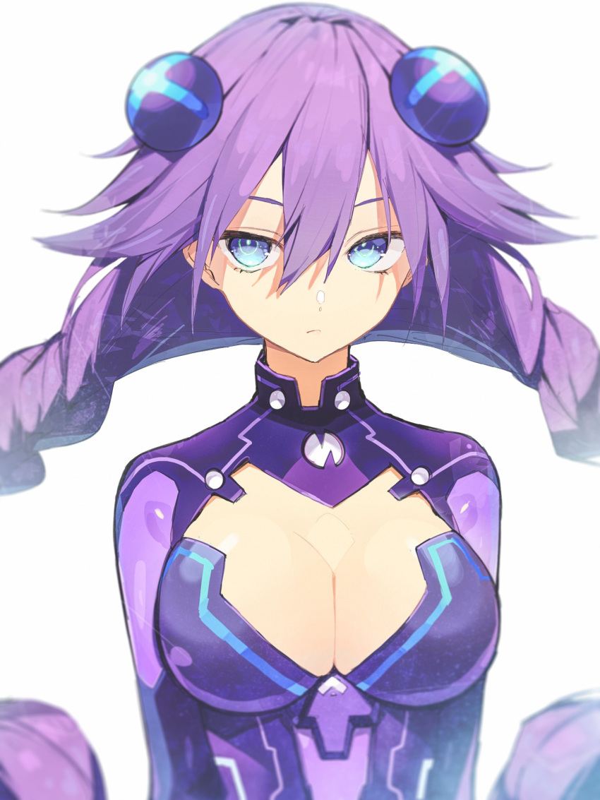 1girl bangs blancpig_yryr blue_eyes bodysuit braid breasts choujigen_game_neptune cleavage cleavage_cutout closed_mouth expressionless hair_ornament highres large_breasts long_hair looking_at_viewer neptune_(series) purple_bodysuit purple_heart simple_background solo twin_braids upper_body very_long_hair white_background