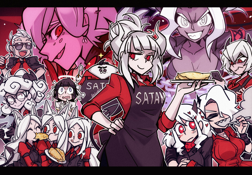 1boy 6+girls aa2233a angel animal_ears apron armband azazel_(helltaker) bangs beelzebub_(helltaker) black_apron black_neckwear breasts business_suit cerberus_(helltaker) cigarette clothes_writing cup demon demon_girl demon_horns demon_tail dog_ears earrings eating eyebrows_visible_through_hair fang fingerless_gloves food food_in_mouth formal glasses gloves grin halo heart helltaker helltaker_(character) holding horns jewelry judgement_(helltaker) justice_(helltaker) long_hair lucifer_(helltaker) malina_(helltaker) modeus_(helltaker) multiple_girls open_mouth pancake pandemonica_(helltaker) ponytail red_eyes red_shirt shaded_face sharp_teeth shirt short_hair skin_fang smile smoke smoking sparkle steam suit sunglasses sweat tail teeth white_eyes white_hair zdrada_(helltaker)