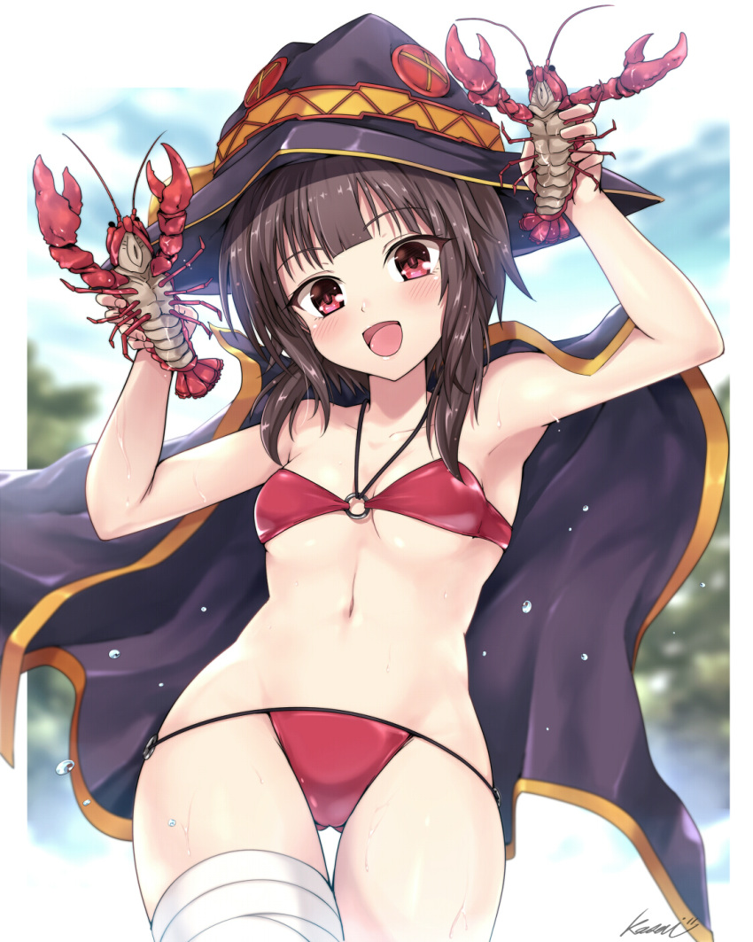 1girl 2others ass_visible_through_thighs bandaged_leg bandages bikini black_cape black_hair blue_sky breasts cape cloud commentary_request cowboy_shot day hat highres kasai_shin kono_subarashii_sekai_ni_shukufuku_wo! lobster looking_at_viewer megumin multiple_others o-ring o-ring_bikini o-ring_top open_mouth outdoors red_bikini red_eyes short_hair sky small_breasts smile swimsuit witch_hat