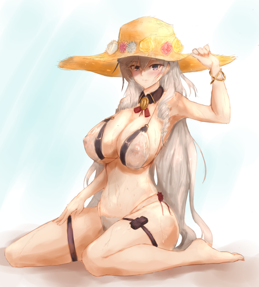 1girl absurdres algerie_(azur_lane) algerie_(white_sand_angel)_(azur_lane) azur_lane bikini breasts brown_bikini commentary_request covered_nipples drill_hair flower full_body hair_between_eyes hanging_breasts hat hat_flower highres large_breasts lom_(lom_lom_8) long_hair looking_at_viewer mole mole_on_breast mole_under_eye neck_ribbon o-ring o-ring_top red_flower ribbon sitting solo straw_hat swimsuit thigh_strap two-tone_bikini very_long_hair wariza white_bikini white_hair yellow_flower