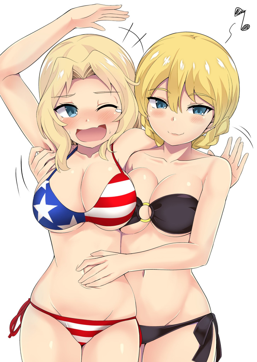 +++ 2girls ;d american_flag_bikini arm_around_shoulder arm_up bangs bikini black_bikini blonde_hair blue_eyes blush braid breasts cleavage closed_mouth commentary cowboy_shot darjeeling_(girls_und_panzer) eighth_note eyebrows_visible_through_hair fang flag_print girls_und_panzer groin hair_intakes hand_on_another's_stomach highres kay_(girls_und_panzer) kuku123 large_breasts long_hair looking_at_another medium_breasts motion_lines multiple_girls musical_note navel o-ring o-ring_bikini one_eye_closed open_mouth short_hair side-tie_bikini simple_background skin_fang smile standing strapless strapless_bikini string_bikini sweat swimsuit tearing_up tickling tied_hair twin_braids white_background