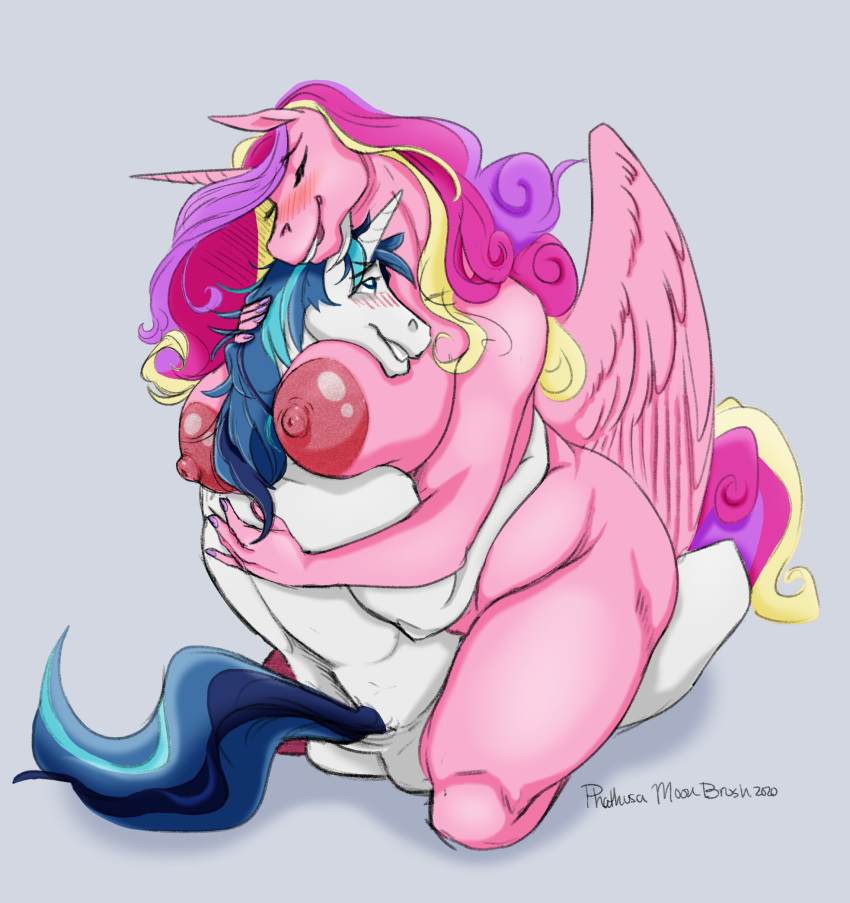 2020 anthro anthrofied areola big_areola big_areolas big_breasts blush breasts butt duo edit equid female friendship_is_magic hi_res horn hug huge_aerola kneeling male male/female mammal married_couple my_little_pony nipples nude phathusa princess_cadance_(mlp) restricted_palette romantic_ambiance romantic_couple shining_armor_(mlp) sitting size_difference smothering thick_thighs unicorn winged_unicorn wings