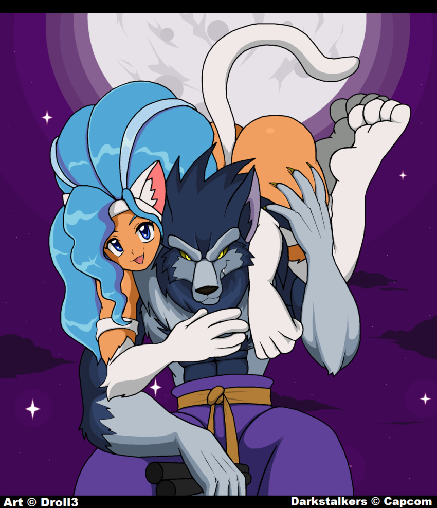 animal_humanoid big_hair black_bars butt butt_grab canid canid_humanoid canine canine_humanoid capcom carrying_partner cat_humanoid cat_tail darkstalkers domestic_cat droll3 duo exposed_butt felicia_(darkstalkers) felid felid_humanoid feline feline_humanoid felis female fighters full_moon hair half_naked hand_on_butt hi_res hug human humanoid jon_talbain letterbox long_hair male mammal mammal_humanoid melee_weapon moon nunchaku purple_sky video_games weapon were werecanid werecanine werewolf wolf_humanoid