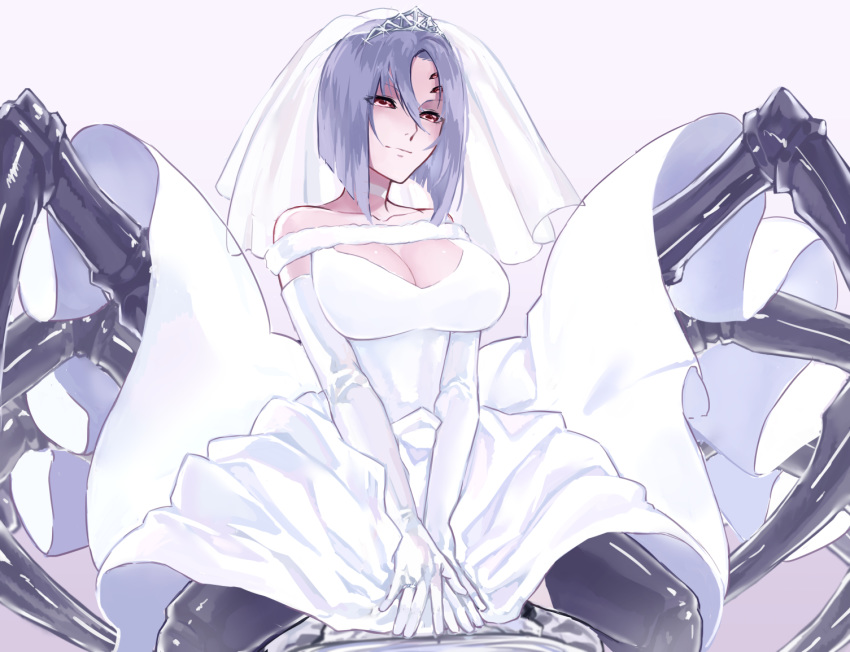 1girl arachne bare_shoulders breasts bridal_veil cleavage closed_mouth collarbone dress elbow_gloves extra_eyes extra_legs eyebrows_visible_through_hair gloves grey_hair hair_between_eyes insect_girl jewelry large_breasts looking_at_viewer monster_girl monster_musume_no_iru_nichijou rachnera_arachnera red_eyes ring short_hair simple_background spider_girl veil wedding_band wedding_dress white_dress white_gloves zakirsiz