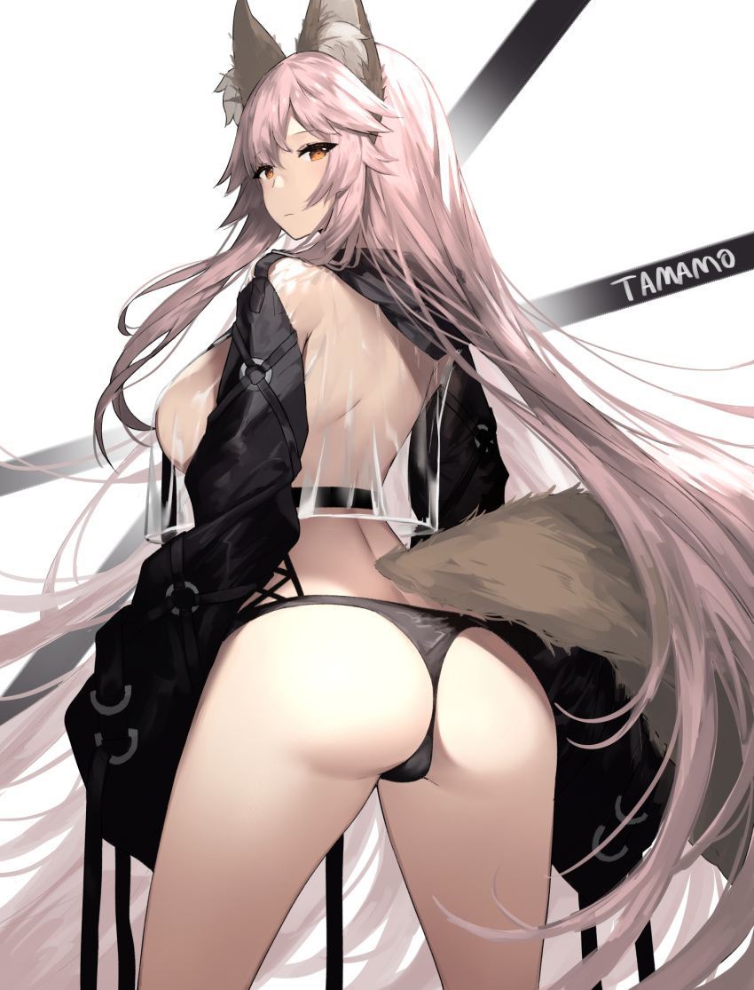 1girl alternate_costume animal_ears ass breasts character_name fate/extra fate/grand_order fate_(series) fox_ears fox_girl fox_tail highres long_hair long_sleeves looking_at_viewer looking_back pink_hair see-through sideboob solo tail tamamo_(fate)_(all) tamamo_no_mae_(fate) thong touwa_nikuman very_long_hair white_background yellow_eyes