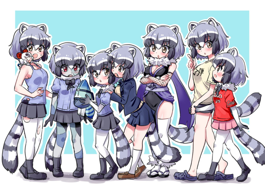 6+girls adapted_costume alternate_costume animal_ears bare_legs bare_shoulders black_legwear black_neckwear black_skirt blue_hair blue_sweater blush bow bowtie brown_eyes commentary_request common_raccoon_(kemono_friends) crocs crossed_arms denim denim_shorts elbow_gloves eyebrows_visible_through_hair fang fishnets full_body fur_collar gloves grey_hair hand_on_another's_shoulder height_difference highres holding_hands kemono_friends long_sleeves lucky_beast_(kemono_friends) multicolored_hair multiple_girls multiple_views navy_blue_jacket navy_blue_shirt ngetyan open_mouth palcoarai-san_(kemono_friends) pantyhose patchwork_skin pink_sweater pleated_skirt raccoon_ears raccoon_girl raccoon_tail red_eyes red_shirt school_uniform shirt short_hair short_shorts short_sleeves shorts skirt sleeveless socks sweat sweater t-shirt tail thighhighs torn_clothes torn_legwear translation_request white_hair white_legwear yellow_shirt zettai_ryouiki zombie