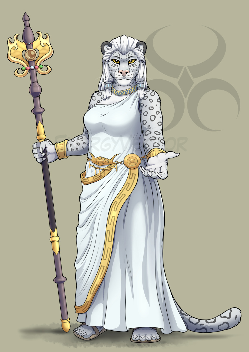 absurd_res anthro bethesda bethesda_softworks bracelet breasts clothing dress energyvector felid feline female footwear hair hi_res jewelry khajiit looking_at_viewer mammal necklace pantherine rosettes salty-paws sandals slightly_chubby snow_leopard solo staff the_elder_scrolls the_elder_scrolls_online video_games white_hair yellow_eyes