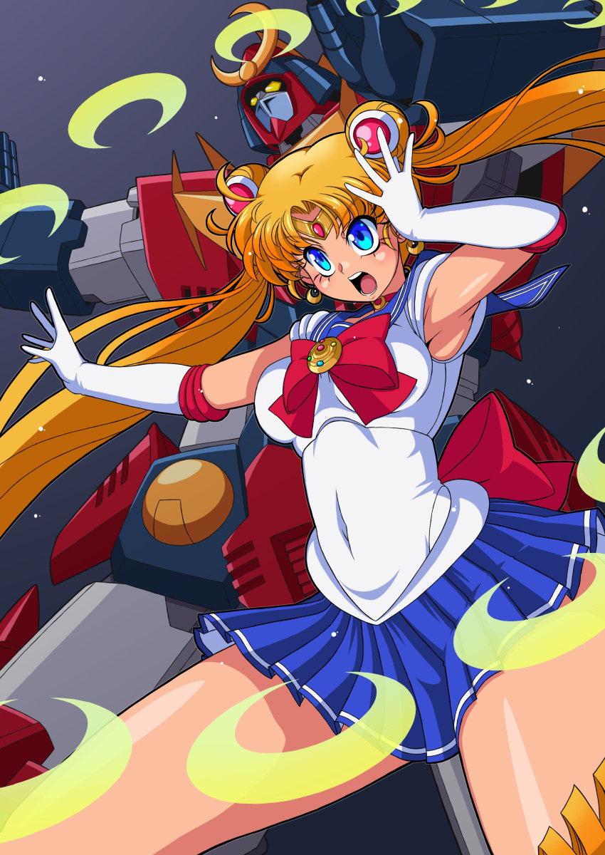 1girl absurdres bishoujo_senshi_sailor_moon blonde_hair blue_eyes blue_skirt crescent_moon crossover gloves great_magami highres mecha moon muteki_choujin_zambot_3 open_mouth sailor_moon sailor_senshi_uniform shouting skirt thighs tsukino_usagi twintails white_gloves yellow_eyes zambot_3