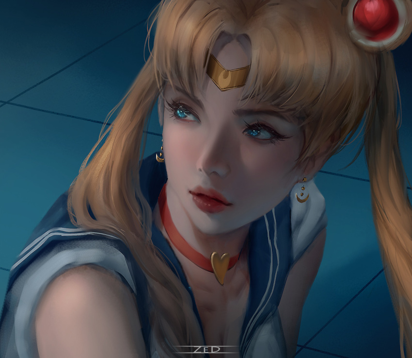 1girl artist_name bishoujo_senshi_sailor_moon blonde_hair blue_eyes breasts cleavage earrings hair_ornament headband heart highres jewelry long_hair looking_away magical_girl moon sailor_moon sailor_moon_redraw_challenge solo twintails zed_(trungbui42)