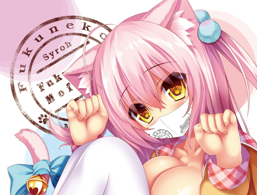 1girl animal_ears bangs bell bow breasts cat_ears cat_tail cleavage close-up eyebrows_visible_through_hair large_breasts long_hair looking_at_viewer mask mouth_mask original paw_pose pink_hair shia_flatpaddy slit_pupils solo syroh tail tail_bell tail_bow two_side_up white_legwear yellow_eyes