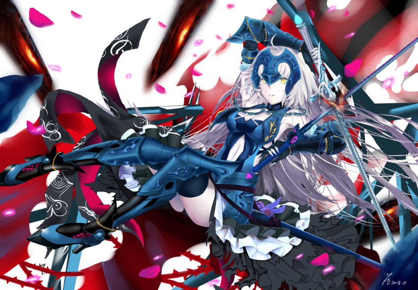 1girl ahoge armor armored_dress bangs bare_shoulders black_dress blue_armor blue_dress breasts chain cleavage dress dual_wielding elbow_gloves fate/grand_order fate_(series) fur_trim gauntlets gloves greaves headpiece highres holding jeanne_d'arc_(alter)_(fate) jeanne_d'arc_(fate)_(all) large_breasts long_hair looking_at_viewer pale_skin parted_lips petals silver_hair sword thighhighs very_long_hair weapon yellow_eyes yipaint