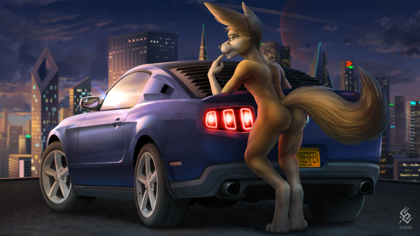 16:9 alphaafterdark anthro butt canid canine car cereus93 city cityscape cyberpunk detailed_background fennec ford ford_mustang fox hi_res looking_back male mammal nude outside pose sky solo vehicle wallpaper widescreen