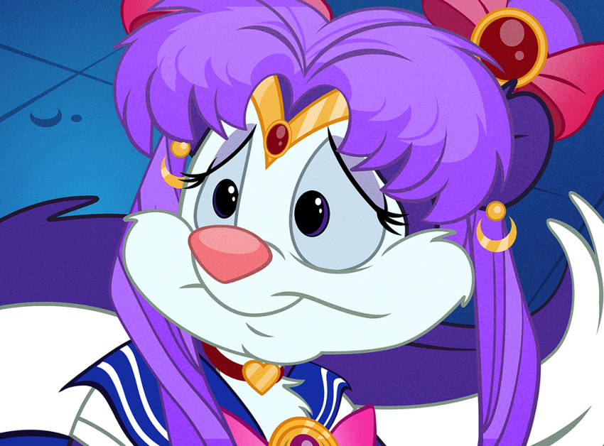 alternate_hairstyle anthro choker cosplay crown ear_piercing female fifi_la_fume jewelry mammal mephitid necklace piercing pink_nose pixelkitties sailor_moon_(character) sailor_moon_(series) sailor_moon_redraw_challenge skunk solo tiara tiny_toon_adventures warner_brothers