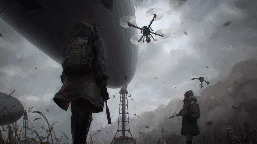 aircraft assault_rifle backpack bag boots cloud cloudy_sky coat dark dirigible drone from_below gun headset highres hooded_coat military muted_color original rifle sandstorm sky sling soldier suppressor weapon wind winter_clothes winter_coat yakikoke