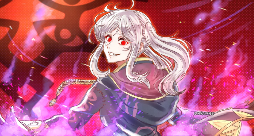 1girl fire fire_emblem fire_emblem_awakening fire_emblem_heroes glowing glowing_eyes grima_(fire_emblem) grin hoof looking_at_viewer looking_back nyawn5 possessed purple_fire purple_robe red_eyes robin_(fire_emblem) robin_(fire_emblem)_(female) smile stitches tassel white_hair