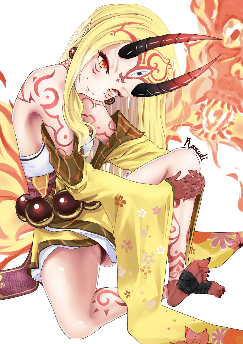 1girl absurdres bare_shoulders beads blonde_hair blush breasts closed_mouth earrings facial_mark fate/grand_order fate_(series) feet fire floral_print forehead forehead_mark hair_pulled_back head_tilt highres ibaraki_douji_(fate/grand_order) japanese_clothes jewelry kimono knee_up legs long_hair long_sleeves looking_at_viewer obi off_shoulder oni oni_horns pointy_ears rarudi sash simple_background sitting skull small_breasts smile soles tattoo white_background wide_sleeves yellow_eyes yellow_kimono