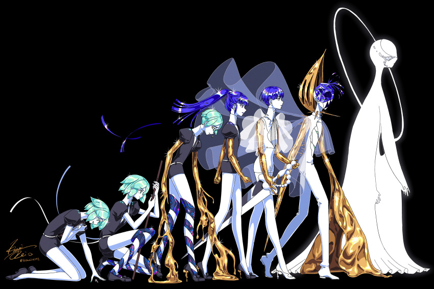 1other absurdres age_progression aqua_hair bald black_footwear blue_hair bodysuit bowl_cut broken cloak depressed expressionless from_side full_body gem_uniform_(houseki_no_kuni) golden_arms halo hands_on_ground happy high_heels highres holding holding_notepad holding_sword holding_weapon houseki_no_kuni kisumi_rei kneeling leaning_forward long_hair moon_uniform_(houseki_no_kuni) multiple_persona notepad on_one_knee open_mouth other_focus phosphophyllite phosphophyllite_(10000) phosphophyllite_(ll) ponytail profile puffy_short_sleeves puffy_sleeves reverse_grip sad see-through see-through_sleeves shards short_hair short_sleeves shorts simple_background smile sparkle spikes spoilers standing stiletto_heels striped sword walking weapon white_bodysuit white_footwear wide_sleeves