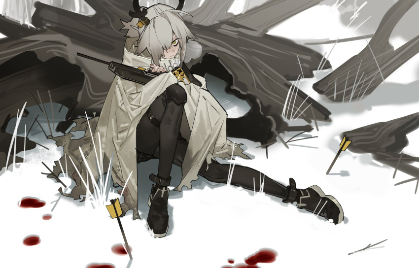 1girl antlers arknights arrow_(projectile) blood crossbow deer_antlers deer_girl firewatch_(arknights) firewatch_(snowywatch)_(arknights) grey_hair highres holding holding_crossbow holding_weapon kuroblood planted planted_arrow ponytail reindeer_girl snow solo tree weapon