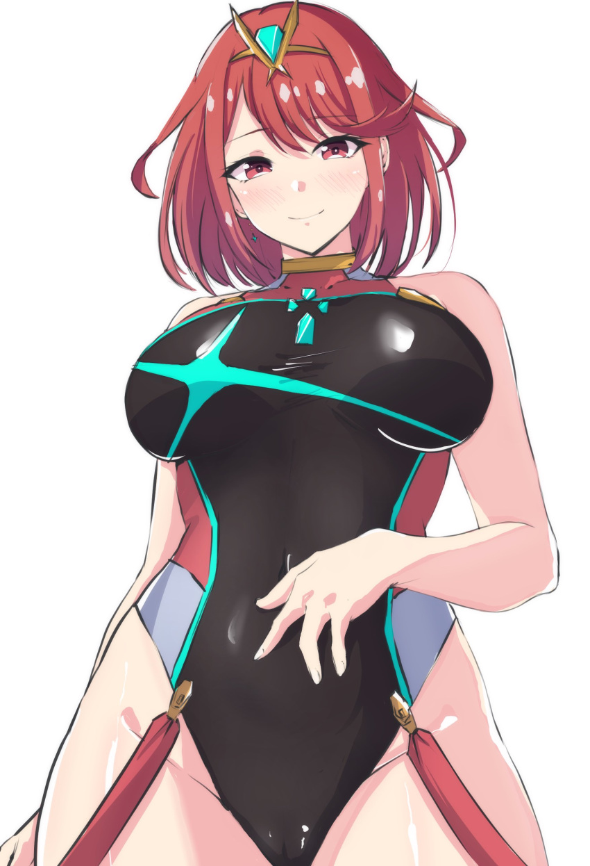 1girl absurdres bare_shoulders bowl_cut breasts bright_pupils closed_mouth commentary_request covered_navel dangle_earrings earrings groin highres jewelry large_breasts latte looking_at_viewer one-piece_swimsuit pyra_(pro_swimmer)_(xenoblade) pyra_(xenoblade) red_eyes red_hair simple_background smile solo swimsuit tiara white_background white_pupils xenoblade_chronicles_(series) xenoblade_chronicles_2