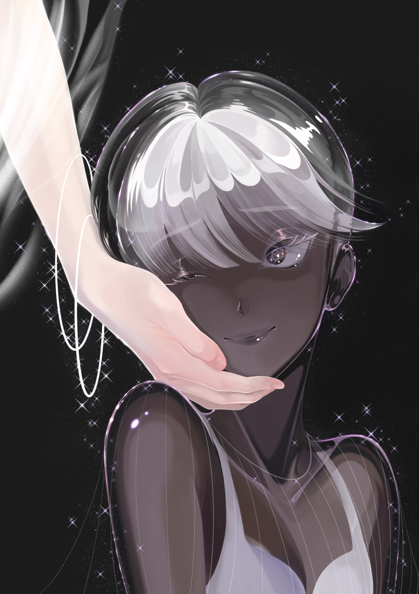 1other absurdres aechmea_(houseki_no_kuni) androgynous black_eyes black_hair bracelet cairngorm_(houseki_no_kuni) camisole closed_mouth commentary dark_skin eyelashes eyeshadow hand_on_another's_cheek hand_on_another's_face highres houseki_no_kuni jewelry layered_clothes light_particles lipstick looking_at_viewer makeup multicolored_hair nuzzle one_eye_closed oo0mog0oo other_focus out_of_frame see-through see-through_sleeves short_hair smile solo_focus sparkle spoilers translucent_hair two-tone_hair upper_body white_hair