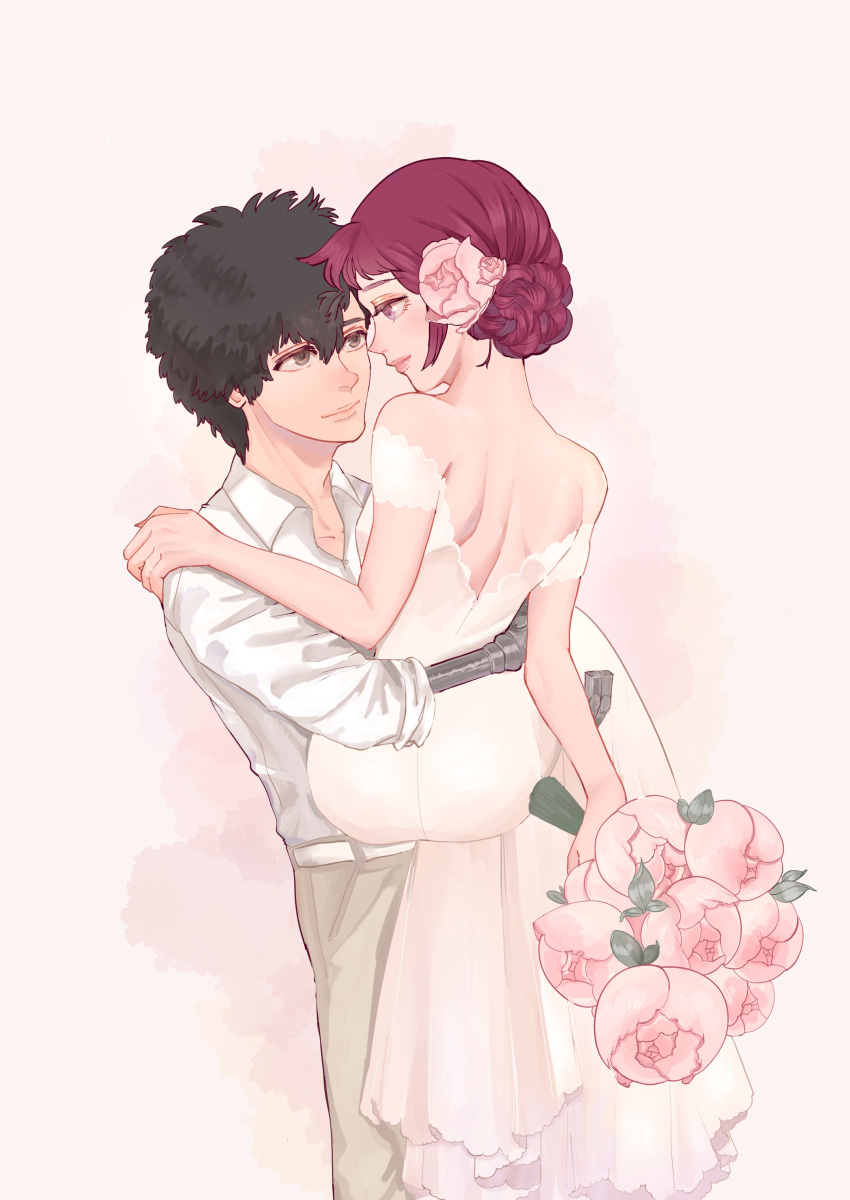 1boy 1girl absurdres backless_dress backless_outfit bare_shoulders belt black_hair bouquet bride brown_eyes carrying closed_mouth collared_shirt couple cowboy_shot daryl_lorenz dress eye_contact eyeshadow flower grey_pants groom gundam gundam_thunderbolt hair_bun hair_flower hair_ornament hand_on_another's_shoulder hetero highres holding holding_bouquet husband_and_wife karla_mitchum looking_at_another makeup off-shoulder_dress off_shoulder open_collar orange_eyeshadow pants pink_background pink_flower princess_carry prosthesis prosthetic_arm purple_eyes purple_hair shirt short_hair short_sleeves simple_background smile watercolor_background wedding wedding_dress white_belt white_dress white_shirt wing_collar zisshi