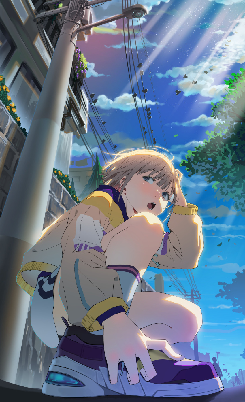 1girl absurdres arjent balloon bird blue_eyes blue_sky blush brown_jacket building city cloud day falling_leaves flower from_above grey_hair hand_on_own_head highres idolmaster idolmaster_shiny_colors jacket lamppost leaf light_particles long_sleeves looking_at_another open_mouth outdoors purple_flower purple_footwear purple_shirt serizawa_asahi shirt shoes short_hair shorts sky sneakers socks solo squatting sunlight teeth tile_wall tiles tree utility_pole white_shorts white_socks yellow_flower yellow_trim