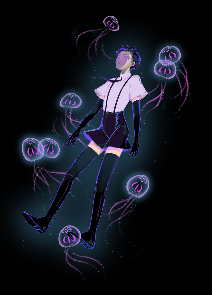 1other absurdres androgynous black_background black_gloves black_hair black_necktie black_shorts black_thighhighs bort elbow_gloves floating floating_clothes full_body gem_uniform_(houseki_no_kuni) gloves highres houseki_no_kuni jellyfish light_particles looking_up necktie oo0mog0oo other_focus parted_lips purple_hair shoes short_hair short_sleeves shorts skort soles solo submerged suspender_shorts suspenders thighhighs very_short_hair