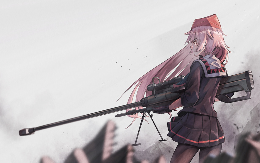 1girl anti-materiel_rifle bipod black_gloves black_pantyhose black_serafuku black_shirt black_skirt floating_hair garrison_cap girls'_frontline gloves gun hat holding holding_gun holding_weapon long_hair ntw-20 ntw-20_(girls'_frontline) pantyhose pink_eyes pink_hair red_headwear rifle sailor_collar school_uniform scope serafuku shirt skirt sniper_rifle soguma solo very_long_hair weapon