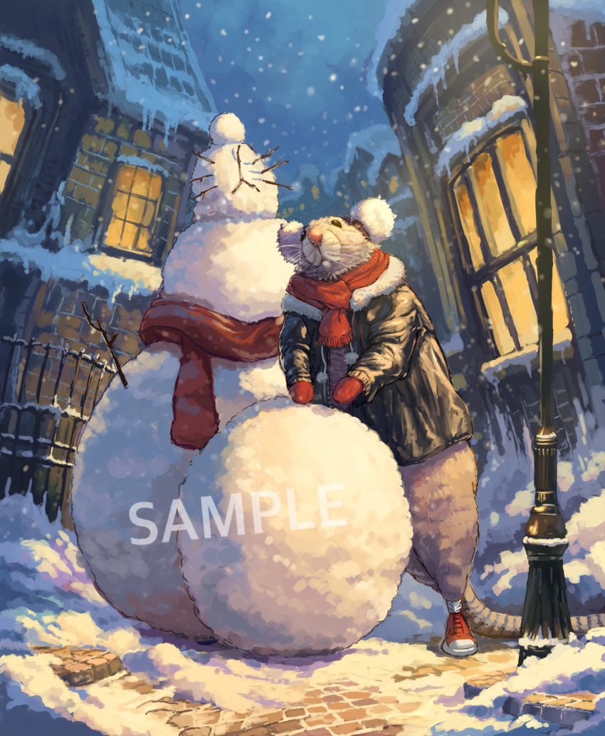 2024 biped clothing detailed_background distracting_watermark gloves handwear hi_res mammal murid murine nejumipro night outside pink_nose rat rodent sample scarf snowman solo sweater topwear watermark