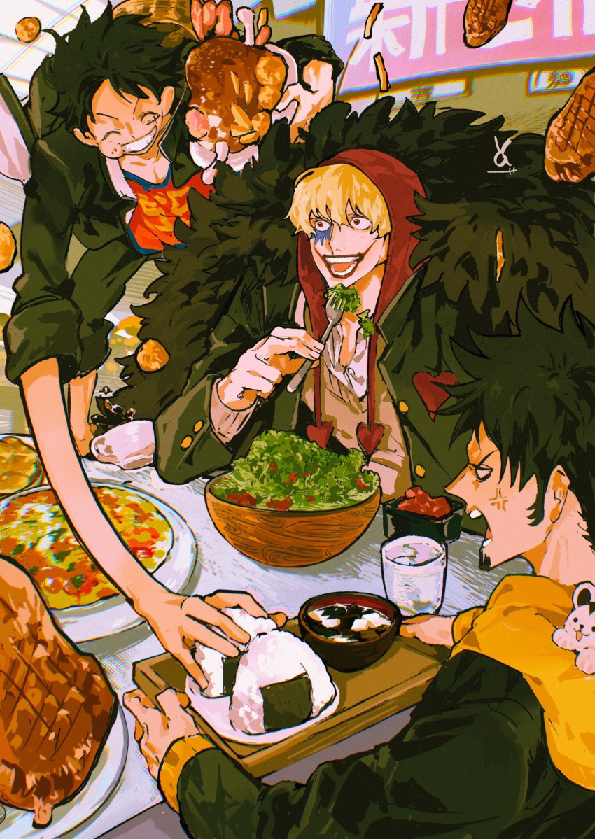 angry black_hair blonde_hair coat donquixote_rocinante eating facial_hair feather_coat food goatee hat highres holding hood long_sideburns long_sleeves makeup male_focus monkey_d._luffy multiple_boys one_piece red_hood scar scar_on_face school_uniform sideburns smile stretched_limb teeth trafalgar_law vasan5555