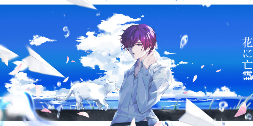 1boy absurdres artist_request black_pants blue_sky border cat cloud collared_shirt day expressionless hair_between_eyes hand_on_own_neck highres letterboxed long_sleeves looking_at_viewer male_focus midriff_peek nijisanji nijisanji_en ocean official_art outdoors outside_border pants paper_airplane parted_lips petals purple_eyes purple_hair second-party_source shirt short_hair sky solo uki_violeta upper_body water_drop white_border white_cat white_shirt white_sleeves