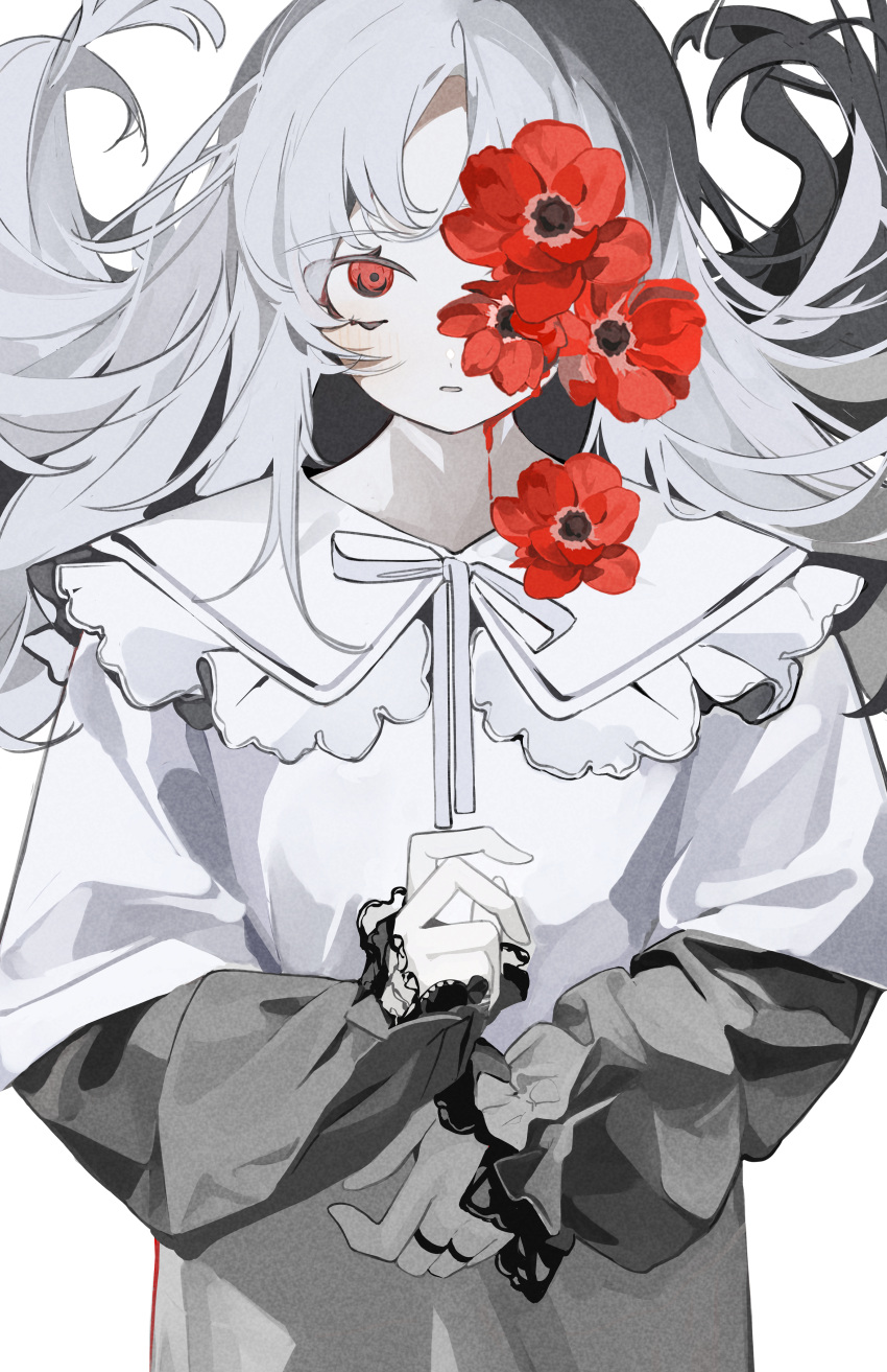 1girl absurdres anemone_(flower) black_dress blood blood_on_face capelet collar commentary_request dress flower flower_over_eye frilled_collar frills grey_hair highres jewelry long_hair long_sleeves looking_up multiple_rings original parted_lips red_eyes ring simple_background solo toasu upper_body white_background white_capelet