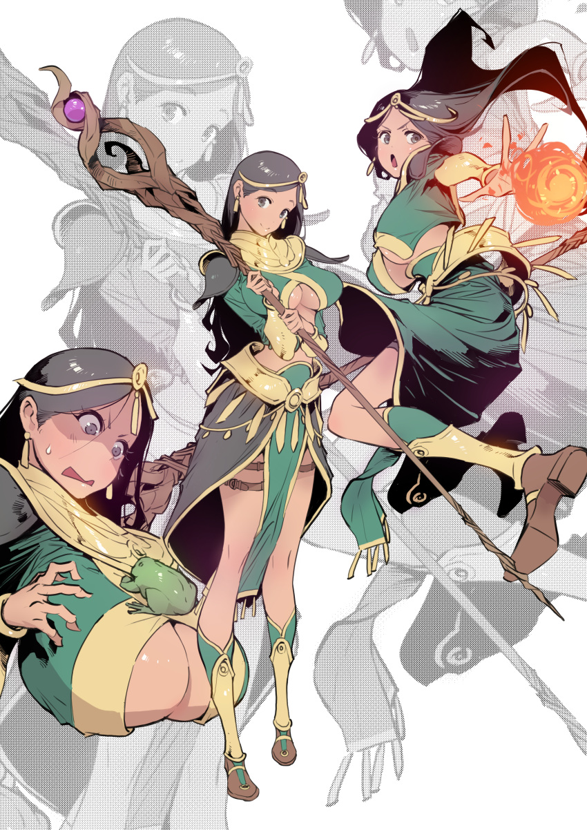 1girl absurdres black_hair breasts clothing_cutout crop_top diablo embarrassed fire frog green_shirt green_skirt grey_eyes highres isendra_(diablo) large_breasts little_mojoi long_hair magic midriff multiple_views pelvic_curtain shirt skirt staff sweatdrop underboob underboob_cutout