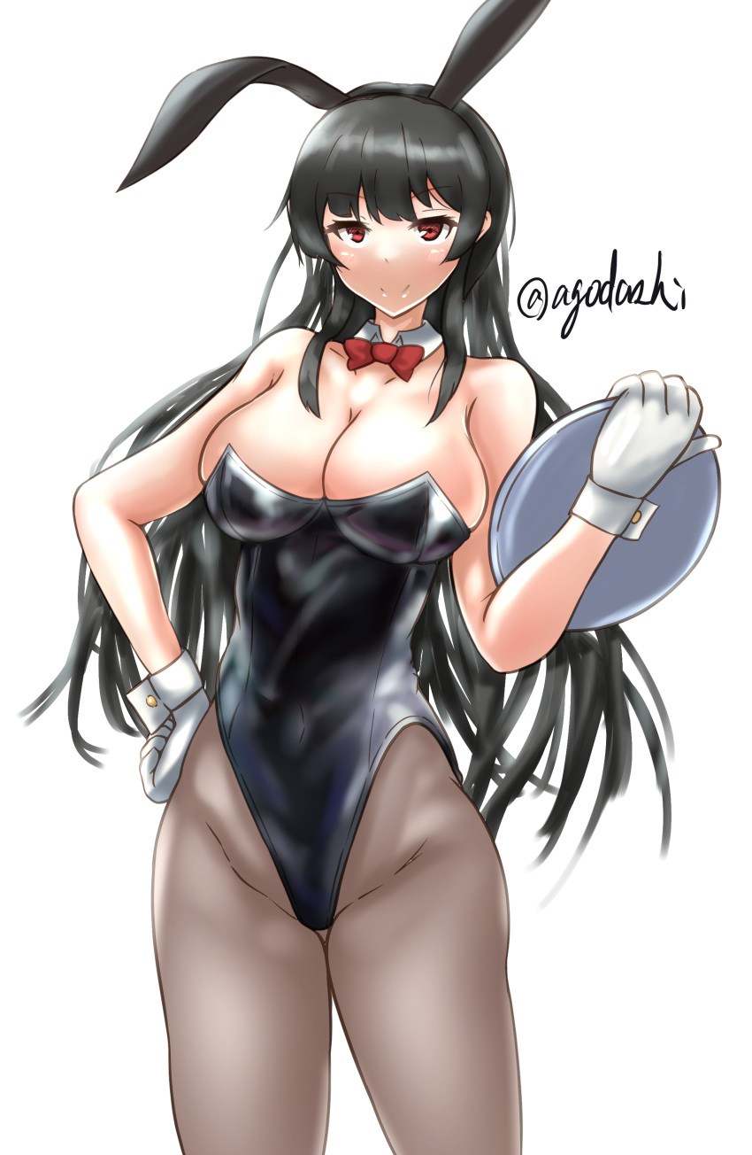 1girl absurdres agodashi alternate_costume animal_ears bare_shoulders black_hair black_leotard black_pantyhose bow bowtie breasts cleavage closed_mouth covered_navel detached_collar fake_animal_ears gloves hair_ribbon hand_on_own_hip highres isokaze_(kancolle) kantai_collection large_breasts leotard long_hair looking_at_viewer one-hour_drawing_challenge pantyhose playboy_bunny rabbit_ears rabbit_tail red_bow red_bowtie red_eyes ribbon simple_background smile solo standing strapless strapless_leotard tail tress_ribbon twitter_username white_background white_gloves wrist_cuffs
