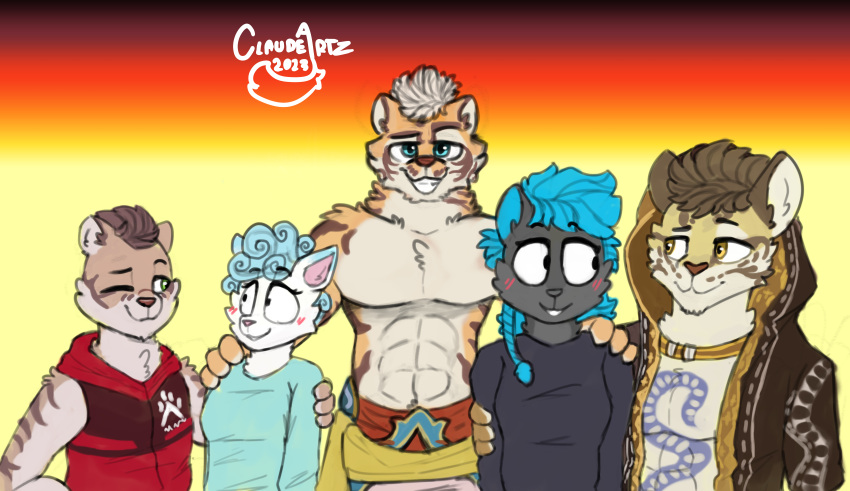 abs absurd_res blue_hair blush braided_hair chest_tattoo claudeartz clothing clouded_leopard ethmeol felid feline female group hair hands_on_shoulders herm hi_res hybrid intersex leopard_cat likulau lin_hu male mammal muscular muscular_male nekojishi one_eye_closed pantherine pecs prionailurus shu-chi studio_klondike tattoo tiger tribal tribal_tattoo wink