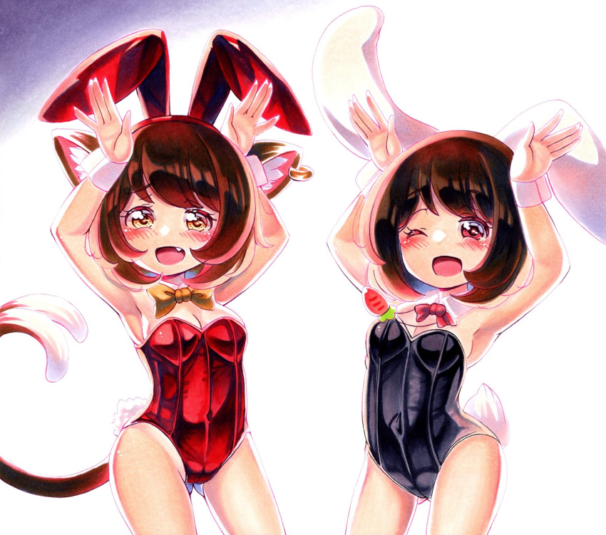 2girls alternate_costume animal_ear_piercing animal_ears armpits arms_up ass_visible_through_thighs black_leotard bow bowtie breasts brown_hair carrot_necklace cat_ears cat_tail chen cleavage commentary_request contrapposto covered_navel cowboy_shot earrings forked_tail highres inaba_tewi jewelry leotard multiple_girls necklace nekomata nemonadi no_headwear petite pinky_out rabbit_ears rabbit_pose red_leotard short_hair simple_background single_earring small_breasts tail touhou white_background