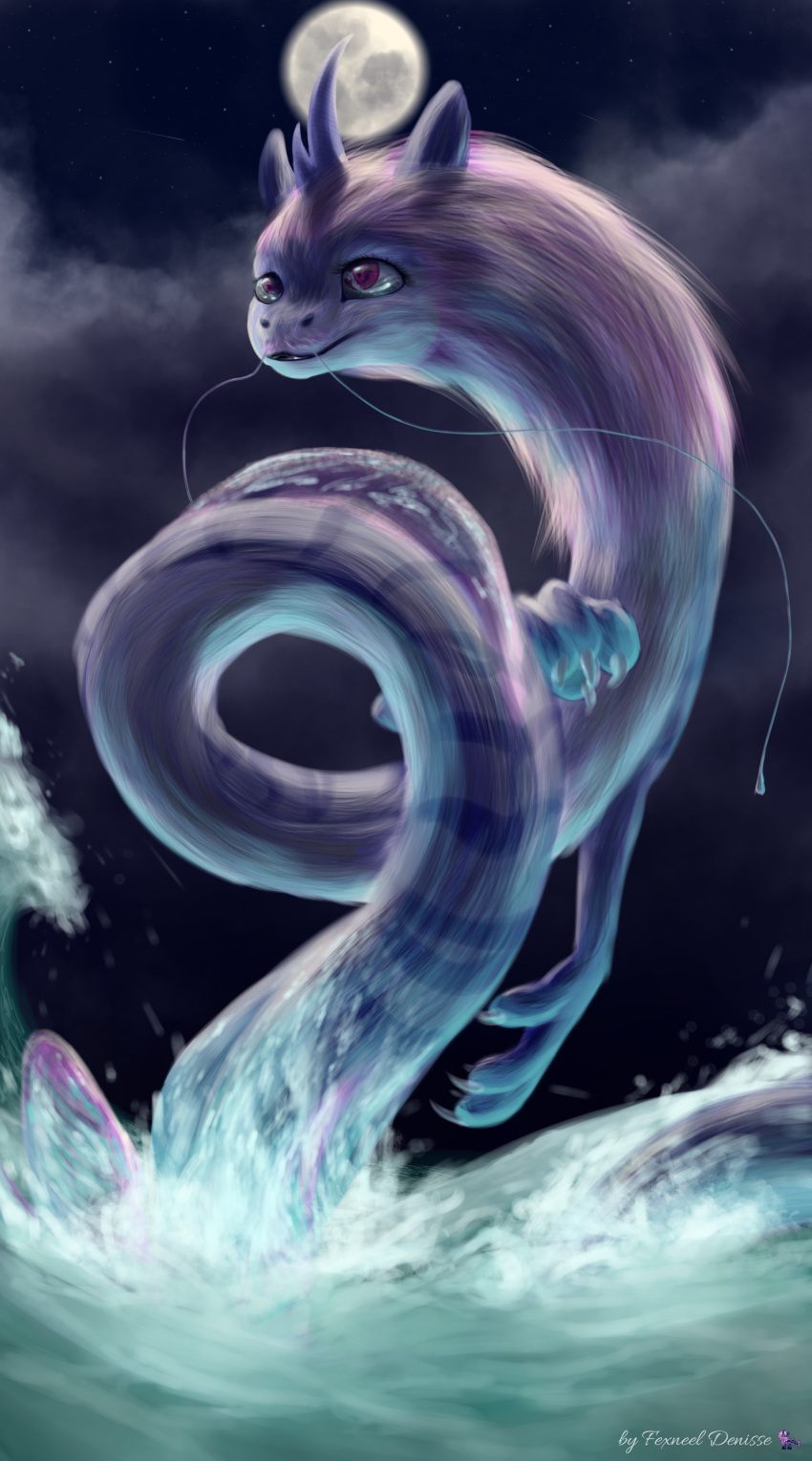 2021 absurd_res cloud curved_horn digital_media_(artwork) disney dragon eastern_dragon female feral fexneel_denisse fur hi_res horn long_body long_whiskers moon night partially_submerged raya_and_the_last_dragon sisu_(ratld) solo stripes water watermark whiskers