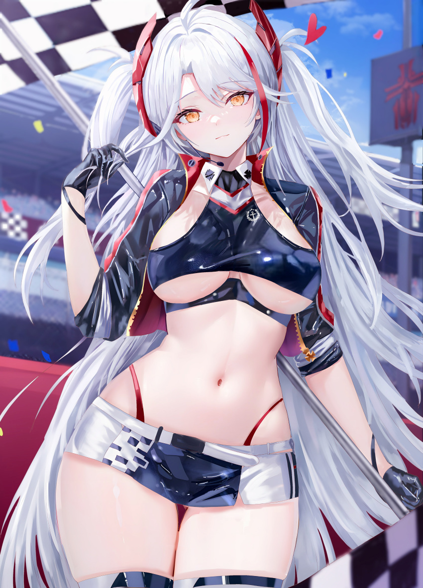 1girl absurdres age_fx ahoge ass_visible_through_thighs azur_lane black_gloves breasts checkered_flag closed_mouth commentary_request contrapposto crop_top cropped_jacket flag flagpole gloves grey_hair highleg highleg_panties highres long_hair looking_at_viewer medium_breasts miniskirt navel official_alternate_costume orange_eyes panties prinz_eugen_(azur_lane) prinz_eugen_(final_lap)_(azur_lane) race_queen skirt smile solo stomach straight-on thigh_gap thighhighs thighs two_side_up underboob underwear very_long_hair yellow_eyes