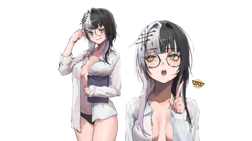 1girl absurdres black_hair black_panties blunt_bangs book breasts breasts_apart collared_shirt commentary grey_hair grin hair_ornament highres holding holding_book hololive hololive_english index_finger_raised large_breasts long_hair long_sleeves looking_at_viewer looking_up medium_breasts multicolored_hair multiple_views nerd_emoji newbie_(newbie_132) open_clothes open_shirt panties playing_with_own_hair shiori_novella shirt smile split-color_hair symbol-only_commentary underwear virtual_youtuber white_background white_shirt yellow_eyes